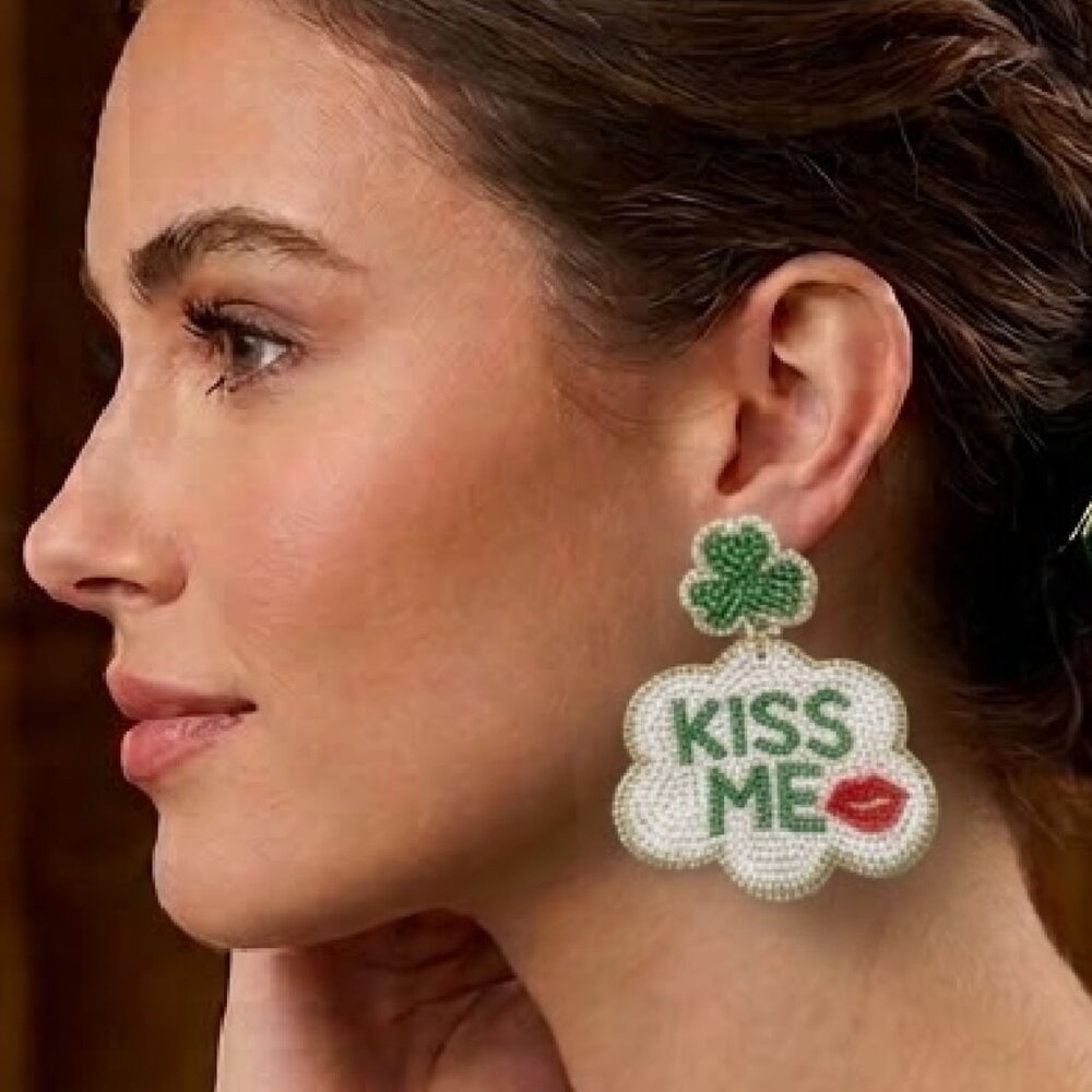Kiss Me, I'm Irish St. Patrick's Day Green Beaded Statement Earrings
